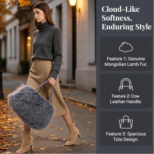Women Luxury Real Curly Mongolian Lamb Fur Purse - color: Gray
