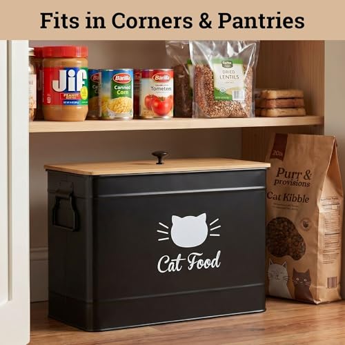Metal Cat Food Container with Scoop, 15lb (50 Cup) w/ Airtight Bamboo Lid - color: Black