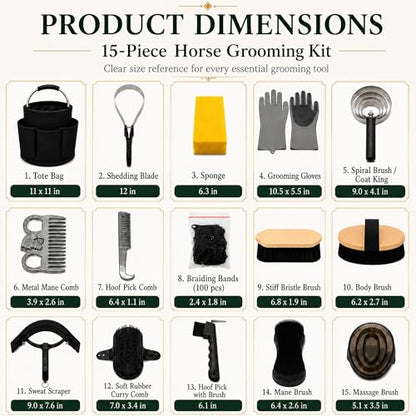 Horse Grooming Kit, 15-Piece Horse Brush Set with Tote Bag, Long Shedding Blade, Hoof Pick, Curry Comb, Sweat Scraper, Mane and Tail Comb, Gloves, Equine Grooming Supplies, Black - color: Black