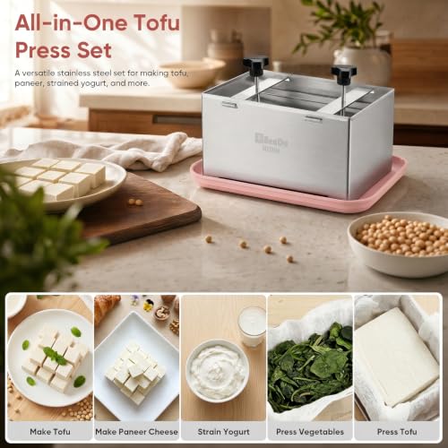 XL Tofu Press Stainless Steel, Tofu Maker and Paneer Press with Cloth, Pink - color: Stainless Steel Plus