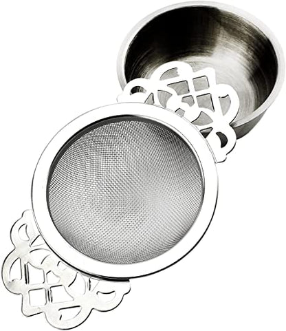 SOLSTICE TEA TRADERS Empress Tea Strainers with Drip Bowls (Pack of 2) Elegant Stainless Steel Loose Leaf Tea Strainers