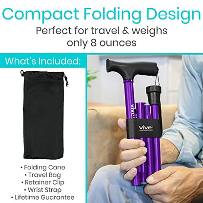Vive Folding Cane - Foldable Walking Cane for Men, Women - Fold-up - color: Purple