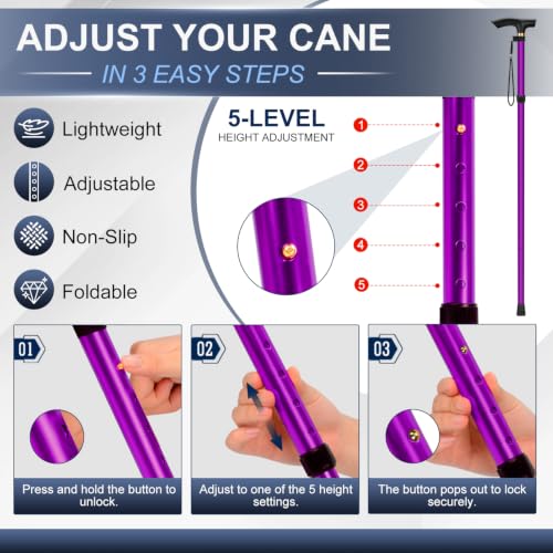 supregear Folding Cane, 5-Level Adjustable Height Walking Stick Lightweight Collapsible Portable Travel Cane with Wrist Strap and T Handle for Elderly Disabled Men Women - color: Purple