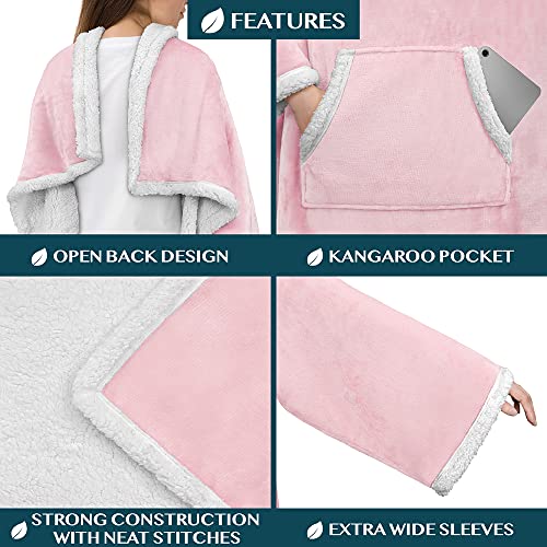 PAVILIA Sherpa Wearable Blanket with Sleeves and Pocket, Plush Thick Cozy Body Blanket Wrap for Adult Women Men, Christmas Gift for Wife Mom, Light Pink - color: Light Pink