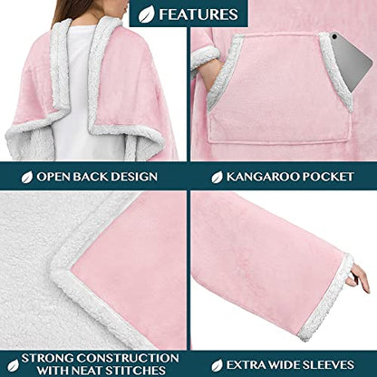 PAVILIA Sherpa Wearable Blanket with Sleeves and Pocket, Plush Thick Cozy Body Blanket Wrap for Adult Women Men, Christmas Gift for Wife Mom, Light Pink - color: Light Pink