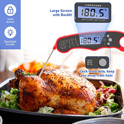 LONICERA Digital Meat Thermometer, Instant Read 1-2 s, Foldable Probe, Red
