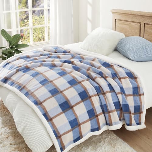 PU MEI Super Soft Faux Rabbit Fur Sherpa Fleece Throw Blanket, Reversible Luxury Cozy Cute Furry Blanket, Plush Warm Shaggy Fluffy Checkered Blankets for Sofa Couch Bed (Blue-Plaid, 60" x 80") - color: Blue-plaid, size: 60"*80"