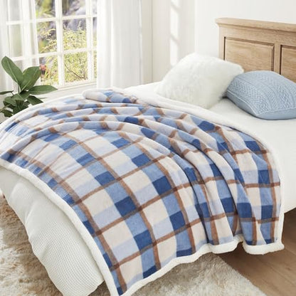 PU MEI Super Soft Faux Rabbit Fur Sherpa Fleece Throw Blanket, Reversible Luxury Cozy Cute Furry Blanket, Plush Warm Shaggy Fluffy Checkered Blankets for Sofa Couch Bed (Blue-Plaid, 60" x 80") - color: Blue-plaid, size: 60"*80"