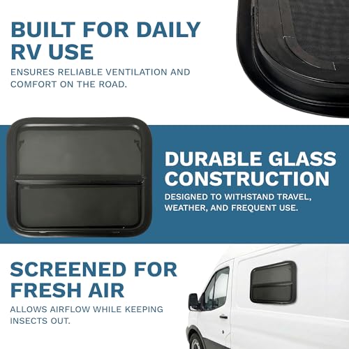 RV Window 24" x 22" - Vertical Slider with Screen & Trim Ring fits 2" Wall Thickness - Replacement for Campers, Trailers (23 3/4" x 21 3/4" Cut-Out)