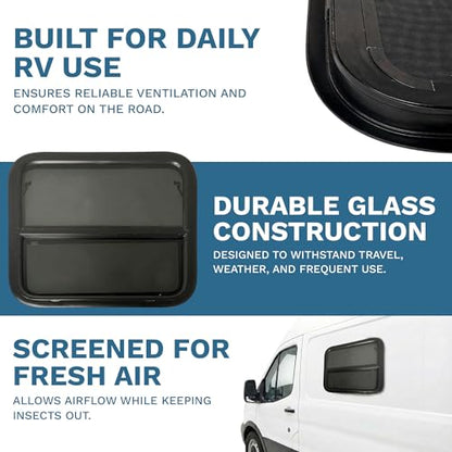 RV Window 24" x 22" - Vertical Slider with Screen & Trim Ring fits 2" Wall Thickness - Replacement for Campers, Trailers (23 3/4" x 21 3/4" Cut-Out)