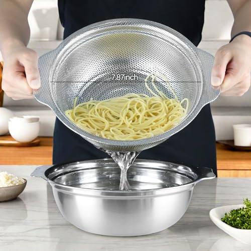 Stainless Steel Colander for Kitchen, 2.5QT Rice Washer Strainer with Mixing Bowl, Colander Bowl Set with Microporous for Washing Rice, Pasta, Spaghetti, Fruits, Dishwasher Safe(2PC) - size: 2.5QT