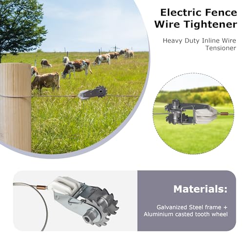 in-Line Electric Fence Wire Strainer, Termination Kit, Heavy Duty Wire Ratchet Electric Fence Tensioner with Integrated Insulator, Farm Fence