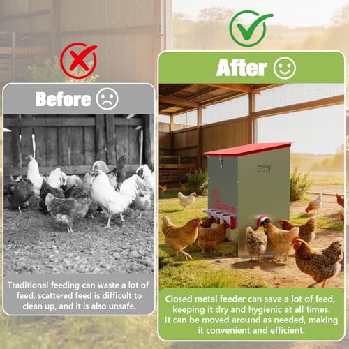 150LB Automatic Chicken Feeder, No-Waste Metal Poultry Feeder with 6 Ports, Predator-Proof Latch & Weatherproof Design, Includes Anti-Tip Ground Stakes & Vegetable Hanging Feeder - size: 150LB-6 Ports