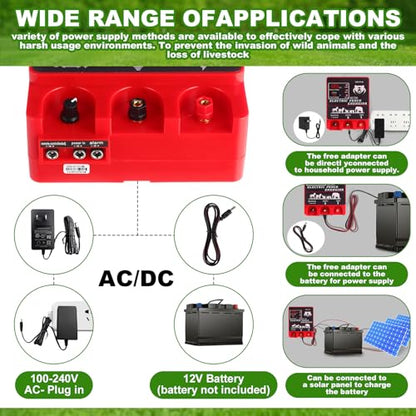 MorningRo 9J Electric Fence Charger Kit, 20 Miles Plug-in Fence with Display & Alarm, Input 12VDC/110-240VAC Output 12KV, 250ft Aluminum Wire 50 Insulators 1 Socket Tool for Livestock Cattle