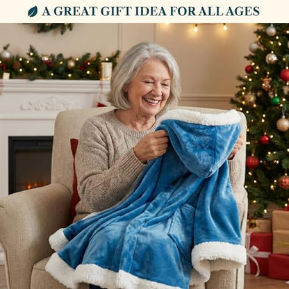 PAVILIA Hooded Blanket Poncho, Fleece Wearable Shawl Wrap Throw, Sea Blue | Fleece Shawl Wrap with Hood, Adult Wearable Blanket, Cozy Warm Poncho Cape Throw with Pockets, Gift for Elderly Mom - color: Sea Blue