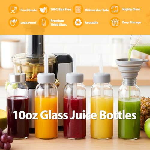 Sursip 10 oz Glass Juice Bottles, 8 Pack, Leakproof Stainless Lids - color: Silver lid- 8 pack, size: 10 OZ