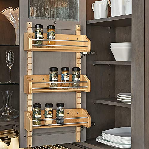 Rev-A-Shelf Pullout Wall Storage Organizer for Kitchen Cabinets, Sliding Door Mounted Spice Rack with 3 Adjustable Shelves, Maple Wood, 4ASR-18 - size: 13.13" W