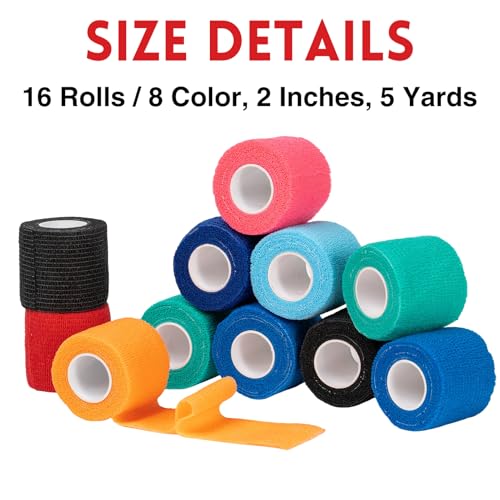 16 Pack Self Adhesive Bandage Wrap, 2" X 5 Yards Elastic Cohesive Bandage Wrap, Color Athletic Tape, Vet Wrap, Ankle Tape,Non-Woven Cohesive Bandage, Multicolor - color: Multicolor