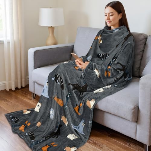 Catalonia Wearable Blanket with Sleeves for Women & Men, Fleece Wrap Throw - color: Gray Dog