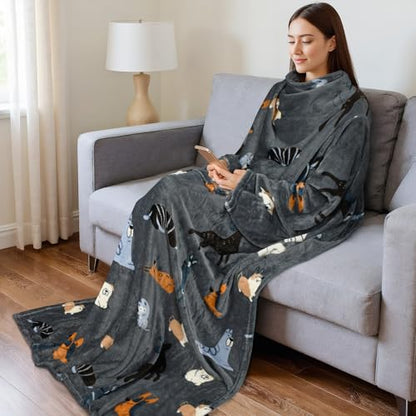 Catalonia Wearable Blanket with Sleeves for Women & Men, Fleece Wrap Throw - color: Gray Dog