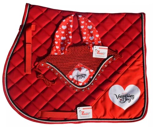 Red Valentine's Day All Purpose English Saddle Pad with Matching Fly Bonnet – Handmade Jumping Saddle Pad Set - size: Horse/Full