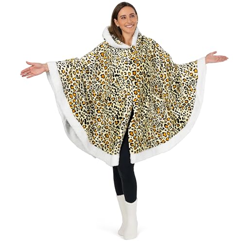 PAVILIA Hooded Blanket Poncho for Women Fleece Wearable Shawl Wrap, Cheetah | Fleece Shawl Wrap with Hood, Adult Wearable Blanket, Cozy Warm Poncho Cape Throw with Pockets, Gift for Elderly Mom - color: Cheetah