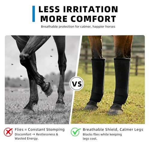 Fly Boots for Horses Set of 4, Breathable Mesh Horse Fly Boots with Support Stays, Adjustable Hook and Loop Closure, Helps Reduce Fly Bites & Stomping, Horse Leg Wraps for Pasture Turnout