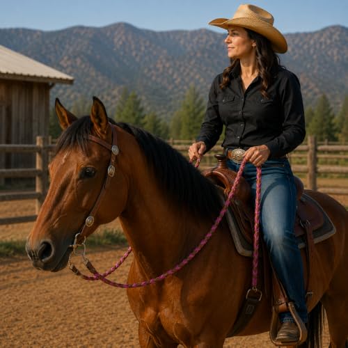 CHALLENGER 8' Horse Western Leather Latigo Laced Barrel Contest Reins 66RT10 - color: Tan Purple