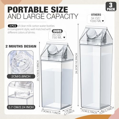 Remerry 3 Pcs Milk Carton Water Bottle Square Plastic Coffee Portable Reusable Milk Carton Cup Leakproof Juice Bottle - color: Clear, size: 25 oz
