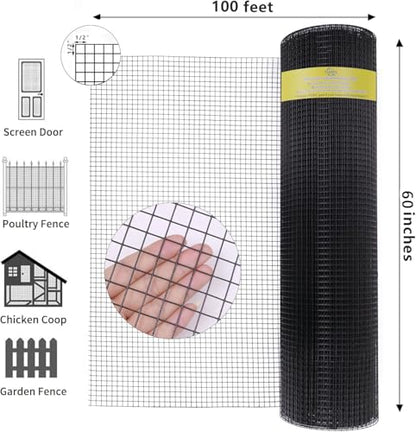 Black 16 Gauge Vinyl Coated Hardware Cloth 1 inch 60 in x 100ft for Fencing | turdy yet flexible terrain for easy installation.Rigid barrier deters rabbits, gophers, and rodents. - size: 1 inch 60in x 100ft