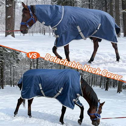 Horse Turnout Blanket, Medium Weight Winter Blanket for Horses, 220g Filling,1200 Denier Waterproof &Breathable/Detachable Neck Cover (Navy Blue, US81IN(EU155CM)) - size: US81IN(EU155CM)
