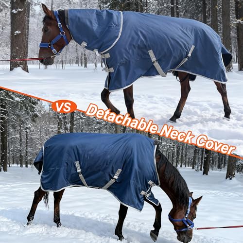 Horse Turnout Blanket, Medium Weight Winter Blanket for Horses, 220g Filling,1200 Denier Waterproof &Breathable/Detachable Neck Cover (Navy Blue, US81IN(EU155CM)) - size: US81IN(EU155CM)