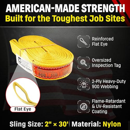 DD Sling 2 Inch x 30 Foot Nylon Lifting Sling – USA Made, 6,400 lb Vertical, 5,100 lb Choker, 12,800 lb Basket – 2-Ply Heavy Duty 900 Webbing, Type 3 Flat Eye & Eye Rigging Sling - size: 2"x30'