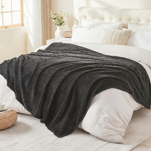 EMME Fleece Blanket, 3D Jacquard Throw Blanket for Couch and Bed, Soft Cozy and Fluffy Blankets Lightweight Luxury Flannel with Geometric Grid Design (Black, 80" x 90") - color: 20-grid-black, size: Queen