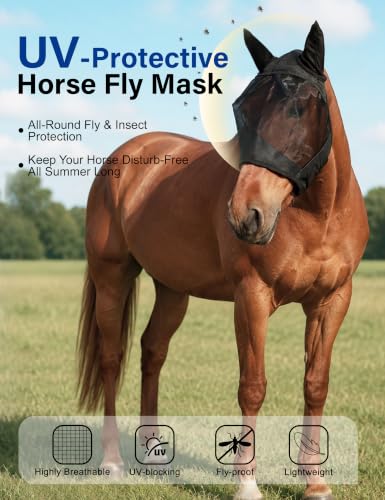 Horse Fly Mask with Ears, Comfy UV-Protective Fly Mask for Horses - size: Medium, style: No Nose