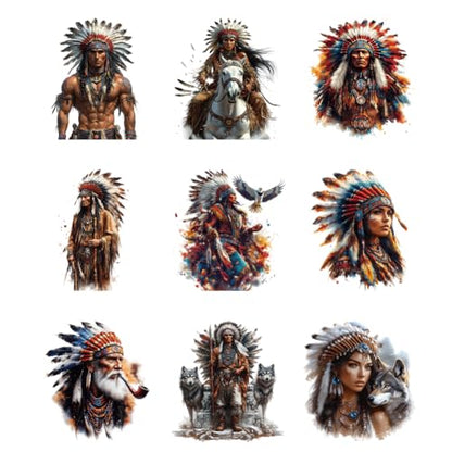 arricraft 9 Sheets Native American Theme Iron on Decals Patches, Indian Characters Legendary Chief Patterns Transfer Stickers PET Washable Patches for DIY Clothes Decor, 9.45 inch(24cm) Long - style: Native American Theme