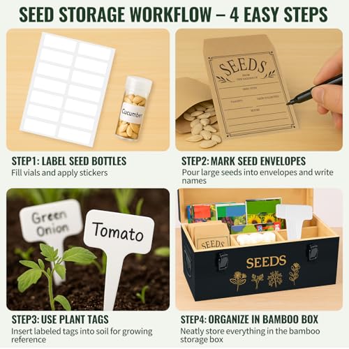 Large Bamboo Wood Seed Storage Organizer Box with Lid, Double-Layer Seal Design Seed Saving Box with Premium Coated Safety Lock, Handles, Extra Seed Envelopes and Labels, Great Gifts for Gardener - color: 3.Black(Large)
