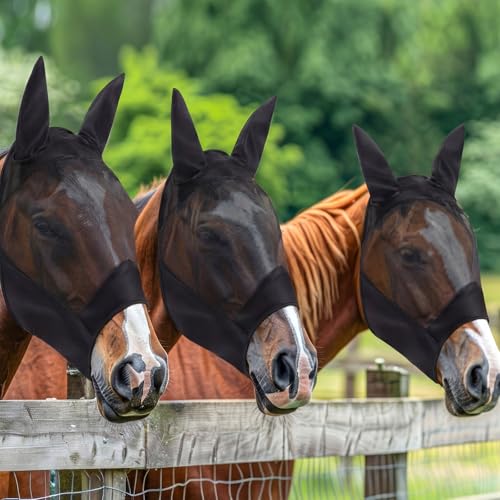 3 Pcs Horse Fly Mask with Long Nose and Ear, Black Meshs