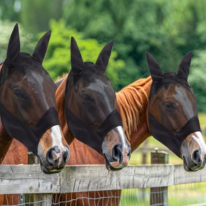 3 Pcs Horse Fly Mask with Long Nose and Ear, Black Meshs