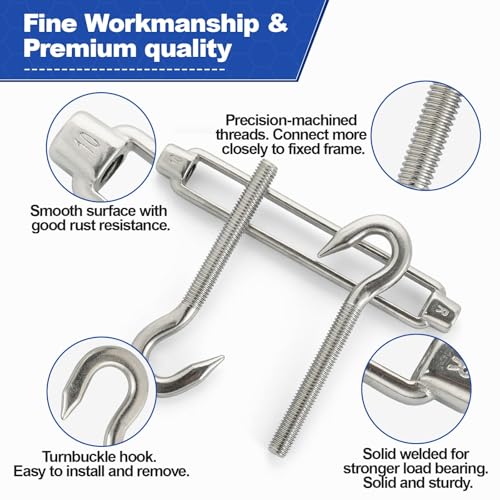 TooTaci 10PCS M10 Turnbuckle, 304 Stainless Steel Turnbuckle Hook and Hook | Turnbuckle Wire Tensioner, 660 lb Heavy Duty Adjustable Turnbuckles for Cables Wire, Cable Tightener, Trampoline, Tent, Tarps - size: M10 CC-10Pcs