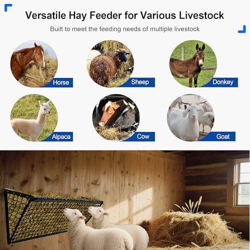 Upgraded Hay Feeder for Goats with Net, 63Inch Long Wall Hay Rack with 50Gallon Large Capacity, Blanket Hay Holder, Heavy Duty Metal Livestock Feeders Frame with Hay Net Side for Horses Farm Sheep