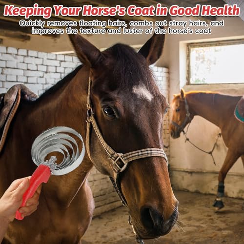 kathson 5 Rings Curry Comb Horse Brush Scraper Reversible Stainless Steel Livestock Shedding Comb with Soft Touch Grip for Dog Horse Grooming Supplies (Red) (Pack of 2) - size: 5.1x9.8 Inch (Pack of 2)