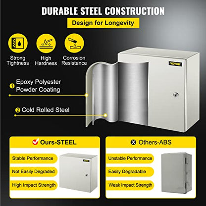 VEVOR NEMA Steel Enclosure, 16 x 16 x 8'' NEMA 4X Steel Electrical Box, IP66 Waterproof & Dustproof, Outdoor/Indoor Electrical Junction Box, with Mounting Plate - size: 16 x 16 x 8