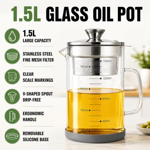 Jucoan Glass Bacon Grease Container with Strainer for Kitchen, 50 oz /1.5L High Borosilicate Glass Greek Yogurt Strainer, MultiFunctional Almond Soy Milk Nut Milk Juice Strainer Filter Pitcher