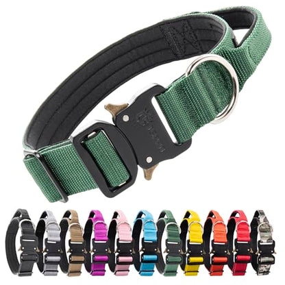 TSPRO Heavy Duty Tactical Dog Collar Quick Release Metal Buckle with Handle | Premium Dog Collar, Military Nylon, 1.25 Inch Wide, Soft Padded, Thick, Durable, Adjustable for Medium & Large Dogs (Green M) - color: Basic Green, size: M, Handle Style, Neck 1