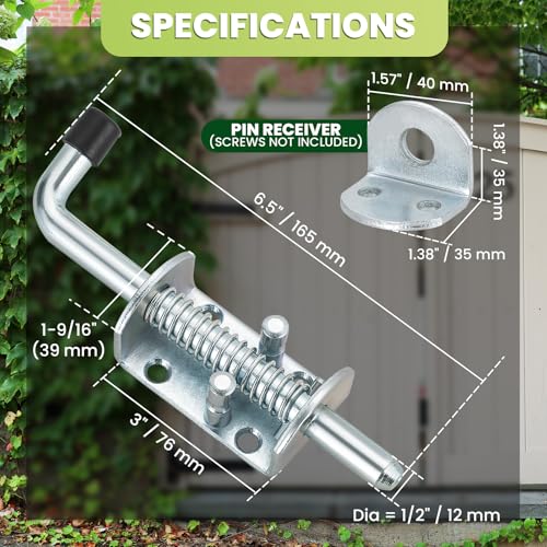 6.5inch Spring Loaded Latch with Pin Receiver (2 Pack) | Metal Lock Barrel Bolt Spring Loaded Locking Latch, Ideal for Gates, Trailers, and Other Items Requiring Secure Closure