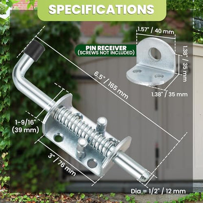 6.5inch Spring Loaded Latch with Pin Receiver (2 Pack) | Metal Lock Barrel Bolt Spring Loaded Locking Latch, Ideal for Gates, Trailers, and Other Items Requiring Secure Closure