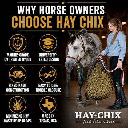 hay chix Half Bale Slow Feed Hay Net for Horses - 1 3/4" Holes - Gold Rope - color: Redemption Gold