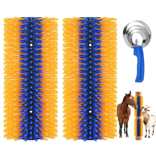 Livestock Scratching Brush 2 Pack, Horse Goat Brush Heavy Duty Scratcher Supplies with Stainless Steel Curry Comb for Barn Pasture Horse, Goat, Cattle, Pig Massage Grooming Itch Relief -17.35×7.5 In