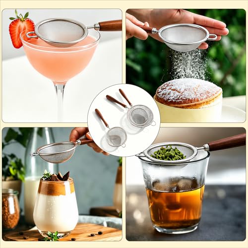 3 Pack Fine Mesh Strainers with Silicone Tongs, Stainless Steel Sieve Set with Wooden Handle, Small/Medium/Large Food Strainers for Baking Flour, Baby Food, Juice, Soy Milk, Kitchen Cooking